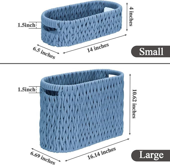 Boho Toilet Paper Storage Baskets, Cotton Rope Woven Bathroom Basket Set of 2, Standing Toilet Paper Holder for 6 Mega Rolls,Storage Bins for Toilet Tank Top, Bathroom Organizer Decor (Blue 2 Pack)