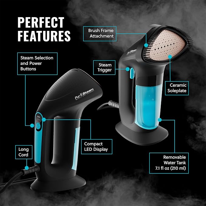 PurSteam SteamPulse Handheld Garment Steamer - Fast Heat-Up, LED Display | 1700W | LED Display | 15-Min Continuous Steam | 7.1 oz Removable Tank | Ceramic Soleplate | Auto Shut-Off | Portable