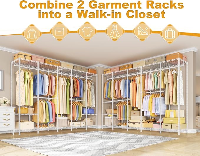ULIFHOME Clothes Rack, Heavy Duty Garment Rack, Extra Large Portable Closet | H50 Clothing Racks for Hanging Clothes, Freestanding Wardrobe Closet 89.8'' W x 15.8" D x 76.2" H, Max Load 1400 Lbs, White