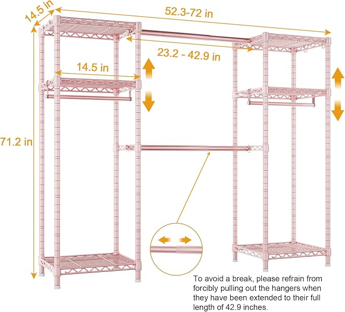 Ulif E7 Garment Rack, Heavy Duty Clothes Storage System with Extendable Hangers Rods, Metal Clothing Rack with 6 Wire Shelves, (52.3"-72") W x 14.5" D x 71.2" H, Load 838lbs, Pink