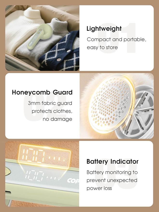 COPPA Lint Remover, LR-01 Remove Fuzz Lint USB-C Rechargeable 6 Blades & 3 Speed Mode Shut-Off Protection Portable Fuzz Remover with Battery Display for Clothing Furniture Curtain