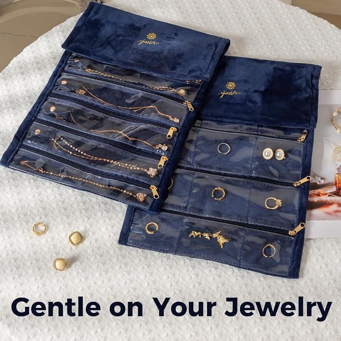 Jewelry Roll Case-Portable travel organizers and storage Soft Velvet travel case with Zippered, Compact Storage for Earrings, Rings, Necklaces, Studs for Women (Blue, 9 Pockets)