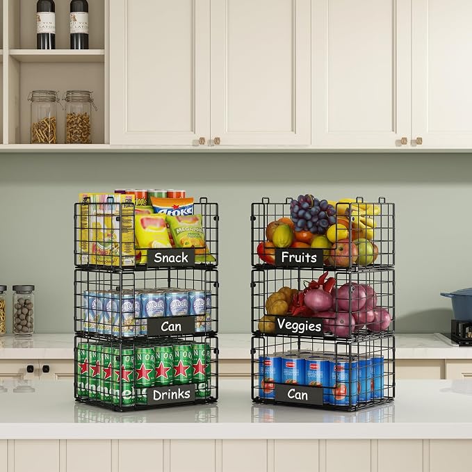 3 Pack XL Stackable Wire Baskets with Handle, Pantry Organizers and Storage | Snack Organizer & Vegetable Basket & Metal Pantry Bin & Fruit Basket for Kitchen Counter