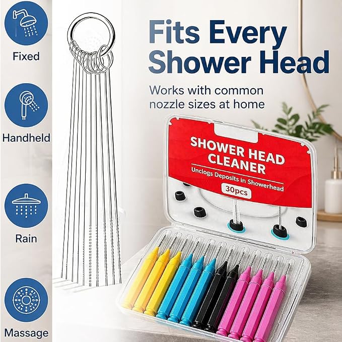 Shower Head Cleaner Tool Set, Multi-Size Shower Head Cleaning Brush for Unclogging Small Nozzles Shower Head Cleaner Picks Crevice Cleaning Tools for All Bathroom/Kitchen Shower Heads (30pcs Set)