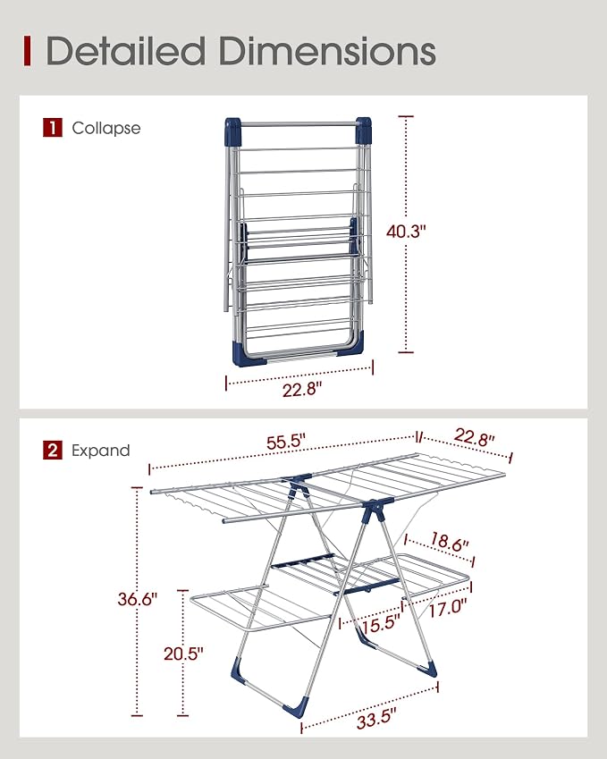 Sakugi Clothes Drying Rack, Foldable 2-Level with 55.5" Adjustable Wings | Laundry Room, Bedroom, Indoor & Outdoor Use, Height Adjustable, Clothing & Bedding, 55.5" L × 22.8" W, Silver and Blue