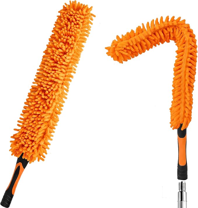 Chenille Duster with Bendable Head – Washable Ceiling Fan Duster for High Ceilings, Blinds, and Furniture – Universal Thread Fit for Easy Cleaning, Orange