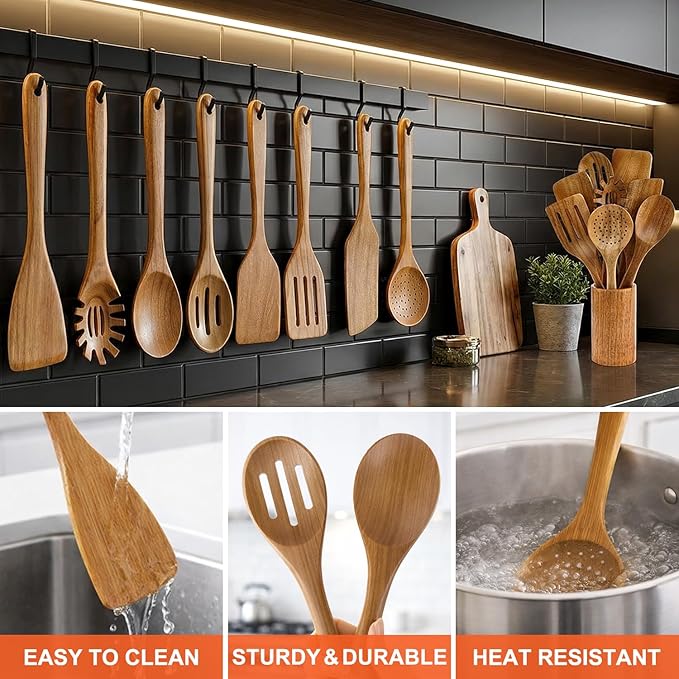 9 Pcs Wooden Spoons for Cooking Utensils with Utensil Holder Teak Wood Kitchen Utensils Set Flat Wooden Spatula Cooking Mixing Spoons Spaghetti Spoon Slotted Turner Scraper Spatula Large Utensils