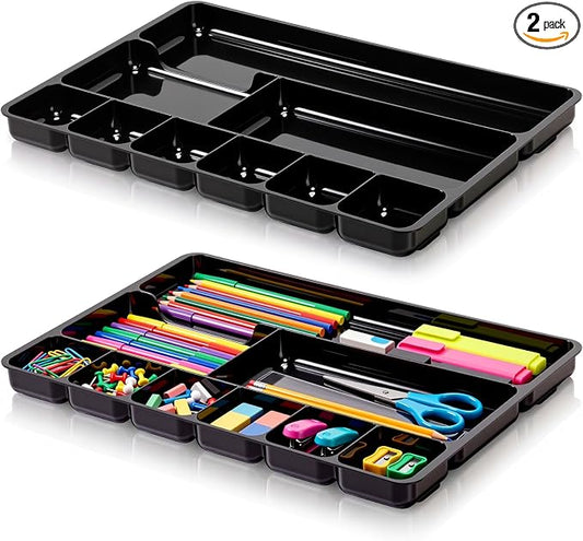 Junkin 2 Pcs Shallow Drawer Organizers 14" x 9" x 1" Desk Drawer Organizer Tray with 9 Storage Compartments for Home Office Classroom School Organizing Pens Paper Clips Sticky Notes (Black)