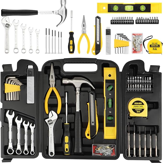 DOWELL Tool Set, 90 Piece Tool Kit with Wrench Set, Home Tools | wrenches, hammer, pliers, screwdrivers, rust-resistant steel, durable plastic case, ANSI certified