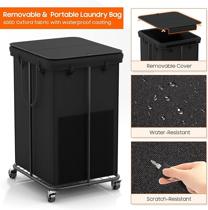 160L Laundry Hamper with Lid & Wheels, Rolling Laundry Basket with Bag | Sturdy Metal Frame | Laundry Bag with Handles| Large & Tall Clothes Hampers for Laundry Room, Bedroom, Dorm, Bathroom-Black