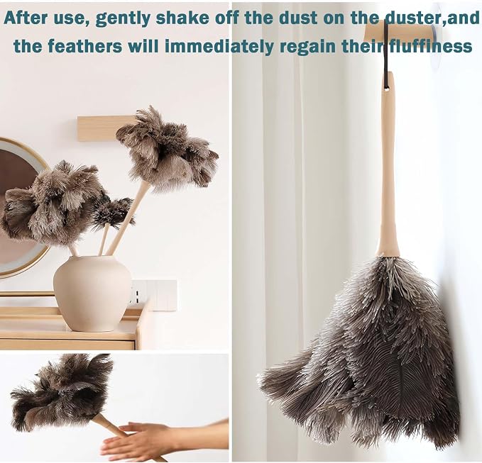 DDZMZ Ostrich Feather Duster for Cleaning with Wooden Handle,16",Brown | Genuine Natural Fluffy,Reusable and Washable,Gentle on Delicate Surfaces,for Home,Furniture,Desk