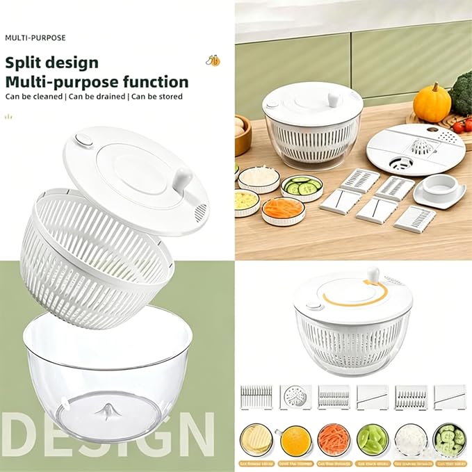 Ceruaxb Salad Spinner Chopper Large with 5 Blades Slicer, Vegetables Fruits Wash Bowl, Lettuce Spinner and Dryer, Egg Yolk Strainer Slicer Shredder for Kitchen Colander, 5.3 Qt, White