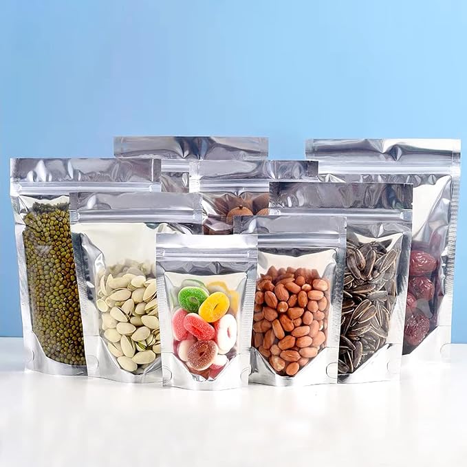 200 Pack 5x8 Mylar Bags with Window Stand Up Bgas 7.5mil Thick for Food Storage and Resealable for Small Business Packaging Bag | 7.5 Mil Thick, Food Storage, Resealable Closure, Small Business Packaging, Upright Base, Viewing Panel