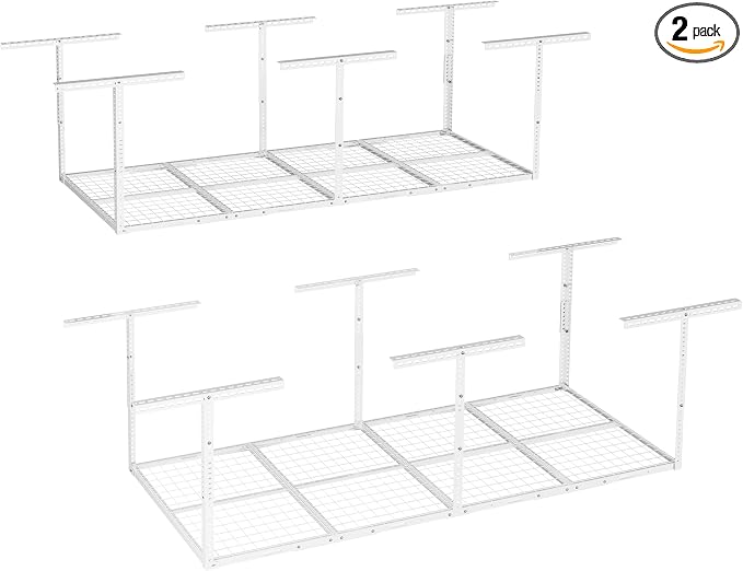 FLEXIMOUNTS 3x8 Overhead Garage Storage Rack, Adjustable Storage Organization System, Heavy Duty Metal Garage Ceiling Storage Racks, 2 pack, White, Classic Series