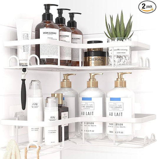 Sakugi Corner Shower Caddy - 2 Pack, Adhesive Shower Organizers, Rustproof Stainless Steel Shower Shelves with 8 Hooks, No Drilling Bathroom Organizers and Storage Racks, Space-Saving, White, Large