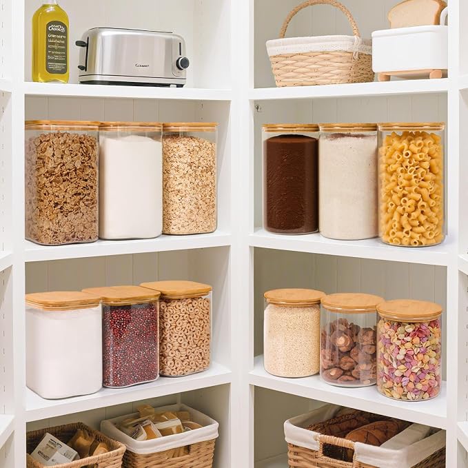 ComSaf Glass Storage Jars with Bamboo Lids 3.6 Qt 2 Pack Large Wide Mouth | Pantry Organization, Flour Sugar Coffee Beans, Pasta Cereal Dry Food, Big Capacity, Cabinet Organization, Dry Food Storage