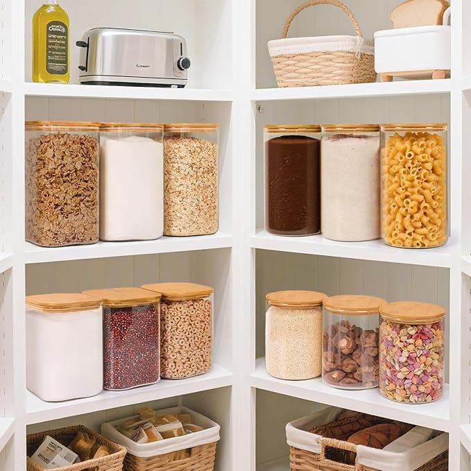 ComSaf Glass Storage Containers with Bamboo Lids 1.6/4.6 Qt 2 Pack | Pantry Organization, Flour Sugar Coffee Beans, Pasta Cereal Dry Food, Large Capacity, Cabinet Organization, Food Storage Jar