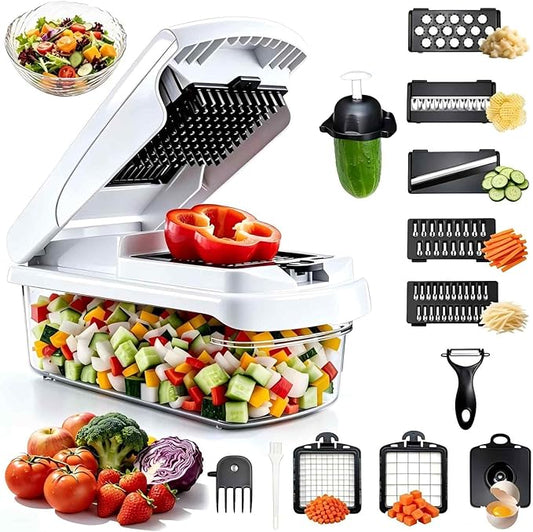 Laxeqohck12 in 1 Vegetable Chopper with Container, Stainless Steel Blade Onion Dicer, Safe Hand Guard Mandoline Slicer, Multifunctional Potato Grater Cutter for Kitchen Meal Prep Salad Making (white)