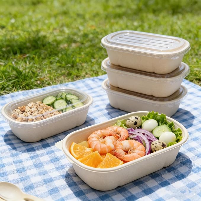 50 Pack Disposable Meal Prep Containers, 23oz Take Out Food Containers with Lid, Microwave Safe Bagasse To Go Paper Bowls Soup Serving Bowls for Salad, Leftovers, Lunch