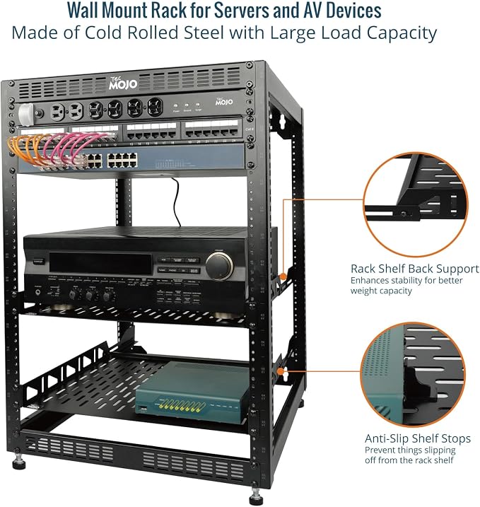 Tecmojo 16U Open Frame Network Rack for IT & AV Gear, AV Rack Floor Standing or Wall Mounted,with 2 PCS 1U Rack Shelves & Mounting Hardware,Network Rack for 19" Networking,Audio and Video Device