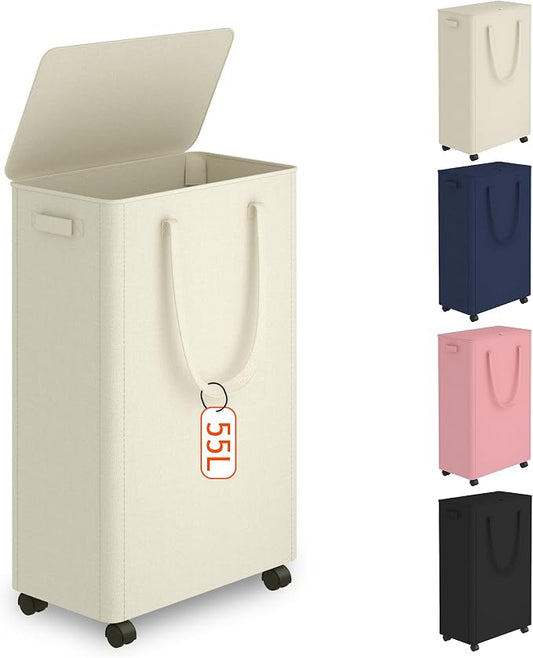 Slim Laundry Hamper with Wheels,15 Gal (55L) Rolling Laundry Basket with lid and wheels Clothes Hamper Foldable Tall Dirty Clothes Basket Sturdy Collapsible Clothes Hamper for Dorm,Laundry Room