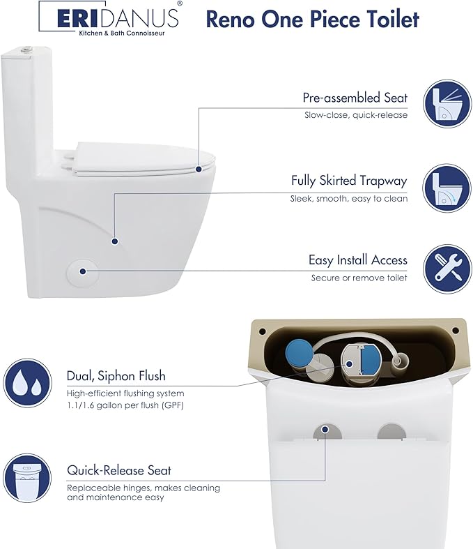 Eridanus Elongated One Piece Toilet with Powerful Siphon Dual Flush 1.1/1.6 GPF, 12" Rough-In Modern Bathroom Toilets with Comfort Soft Closing Seat Height 17", ADA Compliant Bowl, White