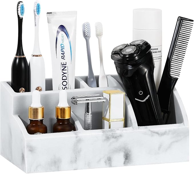 Luxspire Bathroom Counter Organizer, 5 Slots, Gravel White | Toothbrush Holder for Bathroom, Marble Bathroom Accessories for Toothbrush Toothpaste