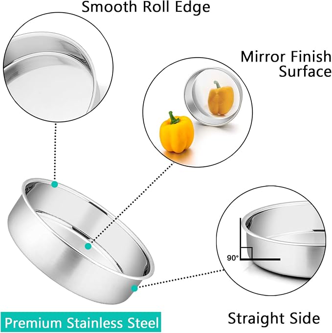P&P CHEF Cake Pan Set of 3, 6" + 8" + 9.5" Round Baking Layer Tier Cake Pans Tins, Stainless Steel Bakeware for Birthday Weeding, Heavy Duty & Non Toxic, Mirror Finish & Dishwasher Safe