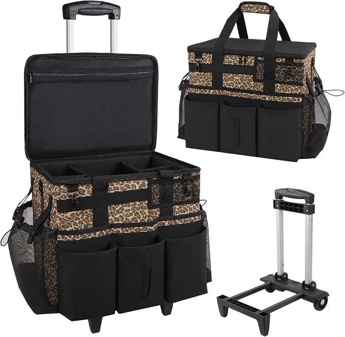 SCAVATA Rolling Cleaning Caddy Bag with Detachable Trolley, Large Cleaning Supplies Organizer with Wheels, Multi-Pocket Cleaning Cart with Adjustable Shoulder Strap for Housekeepers (Leopard)