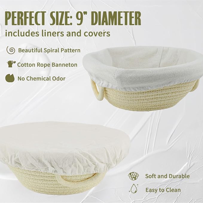 Sourdough Starter Kit, Sourdough Bread Baking Supplies with 24oz Starter Jar -Round Cotton Rope Rising Basket with Bread Knife, Dough Scraper, Liner & Cover, Easy No -Fail Kit, Gift for Home Bakers