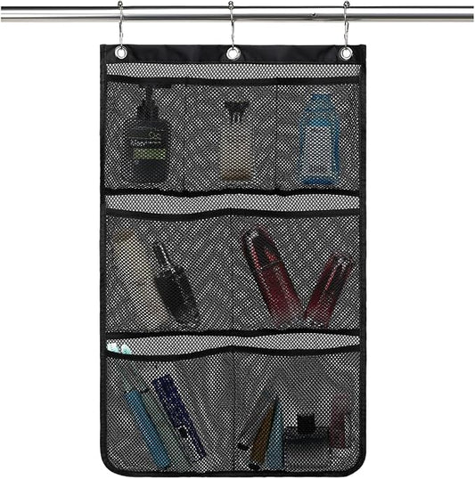 GYEUKHAM Mesh Shower Caddy Hanging Organizer with 7 Pockets and Hooks, Portable Quick Dry Bathroom Storage for College Dorm, Cruise, RV, Gym, Travel Toiletry Bag, Black, 1 Pack