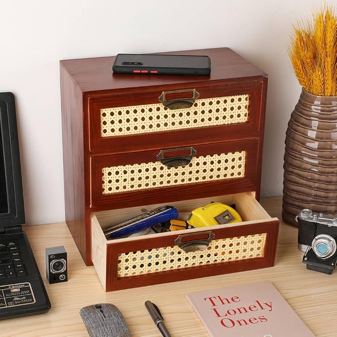 GoooodGIFT Wooden Drawers Small Wooden Box with Drawer, Brown | 3 Drawer Wood Storage Box , Vintage Desktop Organizer with Drawers, Desk Organizers for Library Card Catalog Cabinet