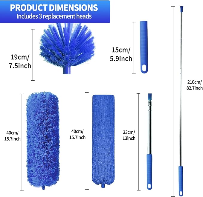 Cobweb Duster with Extension Pole, Washable Cleaning Duster Kit with 3 Duster Heads, Cobweb Duster, Corner Brush, Gap Dust Cleaner, Telescoping Pole for Ceiling Fan, Long Duster for high Ceilings