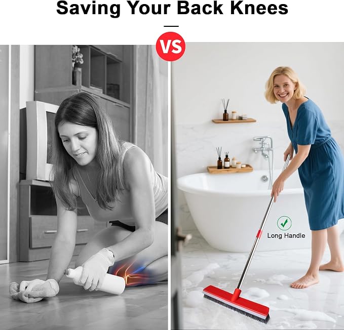15.7 Inch Floor Scrub Brush Removable Stainless Steel Handle 2 in 1 Scrape Brush Stiff Bristle Shower Scrubber for Cleaning Patio Bathroom Garage Kitchen Wall Deck Tub Tile 52.4 inch Tall