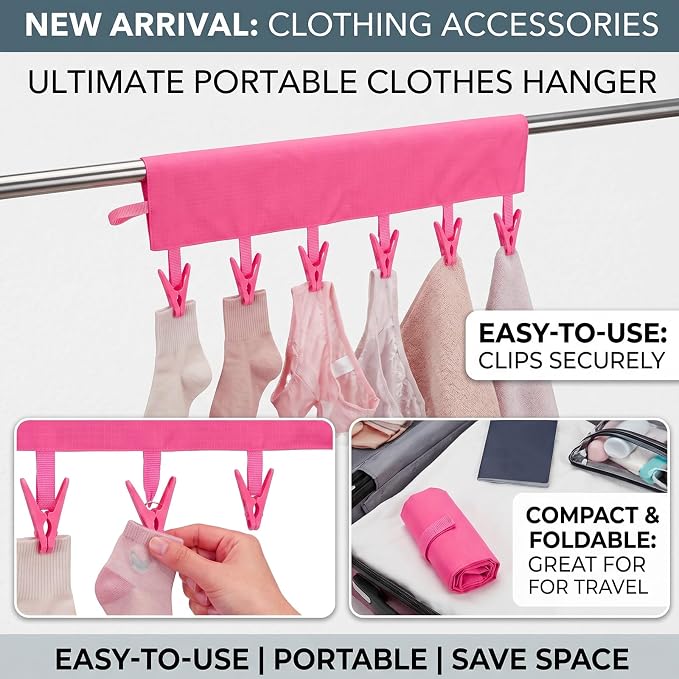Mini Clothespins Travel Hangers 3-Pack Rose Red, Foldable Portable Clothes Hangers with 6 Non-Slip Clips for Socks Swimsuit Towel Drying Rack, Cruise Dorm Camping Travel Essentials