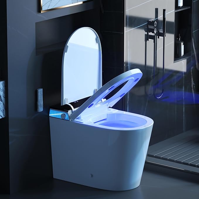 Smart Toilet with Bidet Built-in for Small Bathroom,One Piece Toilet with Self-Clean, Heated Seat,Warm Water Sprayer & Dryer,Blue Night Light,Auto Flush, Manual Soft-Close Seat&Lid