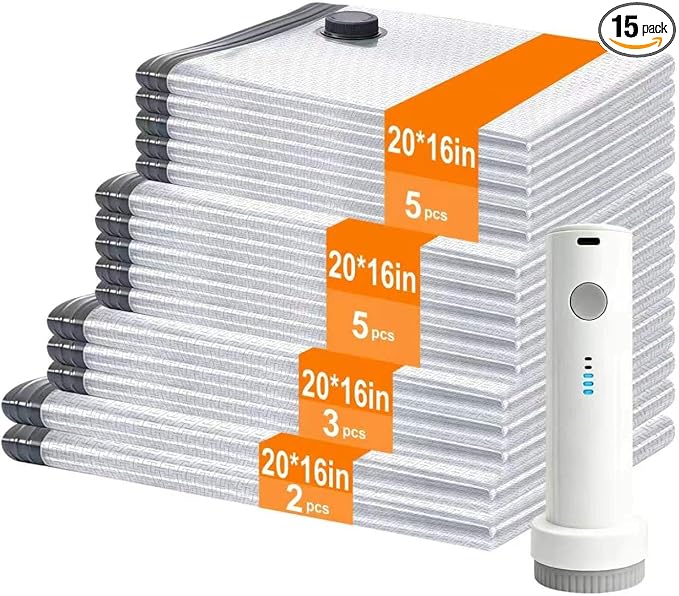 Space Saver Vacuum Storage Bags,Reusable Compression Bags with Electric Pump, 15 Pack 3 Sizes Airtight Seal Bag for Clothes,Comforters, Blankets,Travel Essentials,Closet Organizer for Home