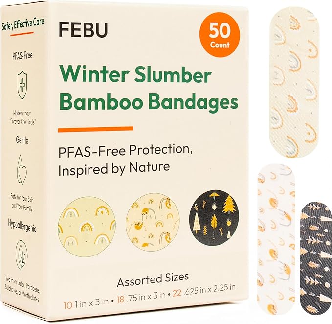 FEBU Sloth Fabric Bandages | PFAS Free Flexible Fabric Bandages | Natural Hypoallergenic Bandage for Scrapes, Cuts & First Aid | Compostable, Latex Free Bandage | 50 Count Strip