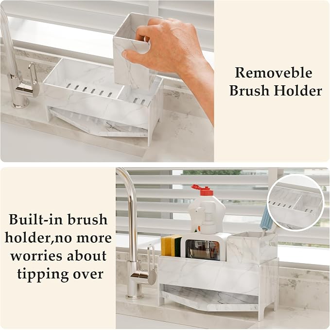 TIDIIABODE Sponge Holder for Kitchen Sink - White Marble Acrylic Sink Caddy with Brush Slot, Countertop Soap Organizer for Modern Kitchen, Self-Draining Storage Rack, 9.2" Large Capacity