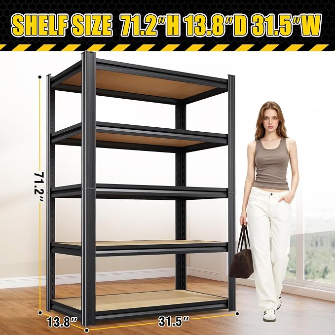 2 Pack Garage Shelving Heavy Duty Storage Shelves, Metal Adjustable Shelving Unit, Utility Garage Organizer Shelf for Basement, Pantry, Kitchen, Warehouse, 71.2" Hx31.5 Wx13.8 D, Black