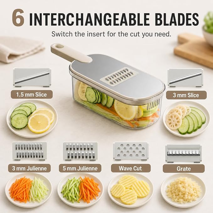 Mandoline Slicer, Vegetable Cutter, Container, Glove & Guard, 6-Blade | Six interchangeable inserts deliver 1.5mm and 3mm sheets, 3mm and 5mm julienne, wavy edges, plus grated textures for recipes.