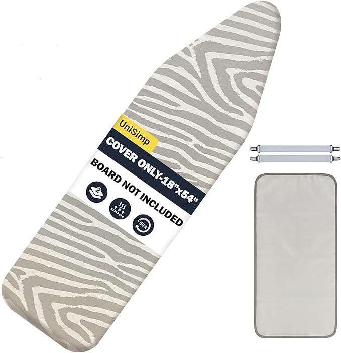 UniSimp Ironing Board Cover and Pad 18"x54" Extra Thick Natural Cotton, Scorch and Stain Resistant Iron Board Cover, Extra Large Iron Board Cover with Fasteners Heavy Duty Heatproof Elastic Edge Zebra