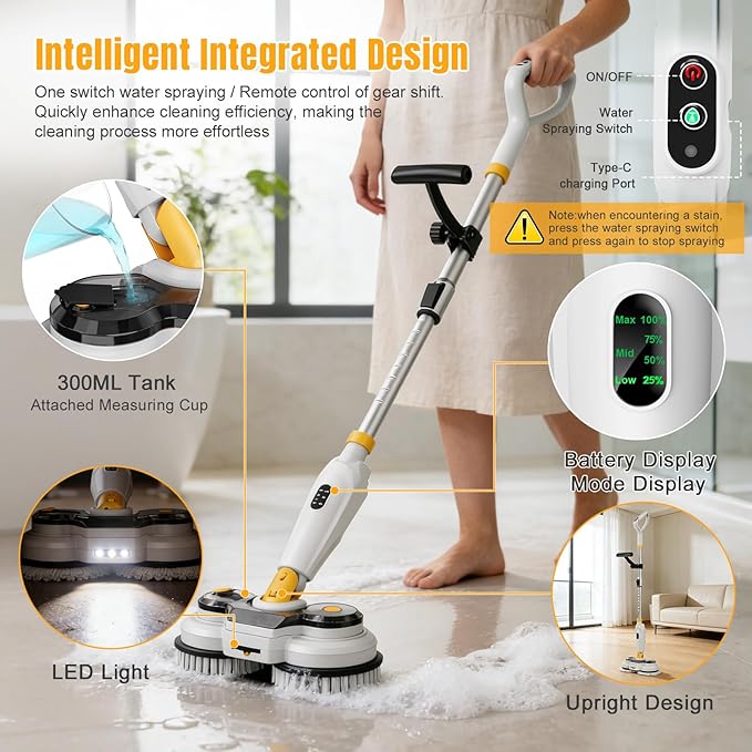 Cordless Electric Mop for Dewalt 20V Battery (NO Battery), 2 in 1 Electric Spin Mop & Electric Floor Scrubber Machine with LED Light & Water Spray,800 RPM Electric Mops for Floor(White)
