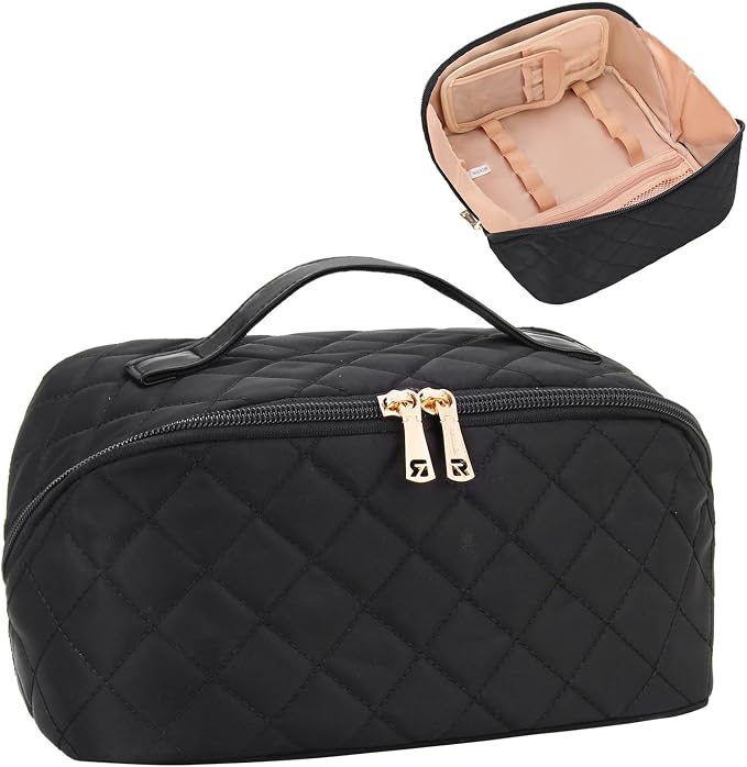 Relavel Travel Makeup Bag for Women, Large Wide-open Cosmetic Organizer | Waterproof, Portable, Separate Makeup Brush Board, Wide Open Flat