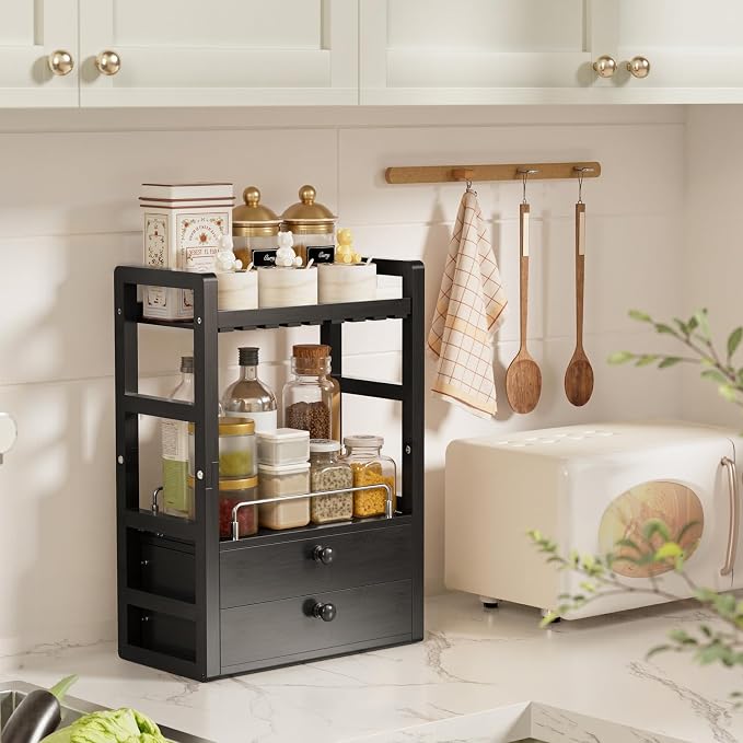 AmazerBath Bamboo Bathroom Countertop Organizer, 2-Tier Makeup Organizer with 2 Drawers, Vanity Organizer Storage Coffee Matcha Station, Compact Shelf for Bathroom Kitchen Office, Black
