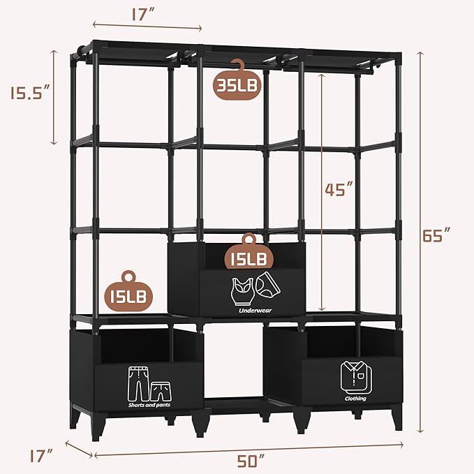 LOKEME Portable Closet,Sturdy Stable Large Capacity Wardrobe Closet,Clothes Rack with Shelves,3 Folding Areas,3 Storage Areas,3 Hanging Areas,Suitable for Bedrooms and Dormitory,50in Black