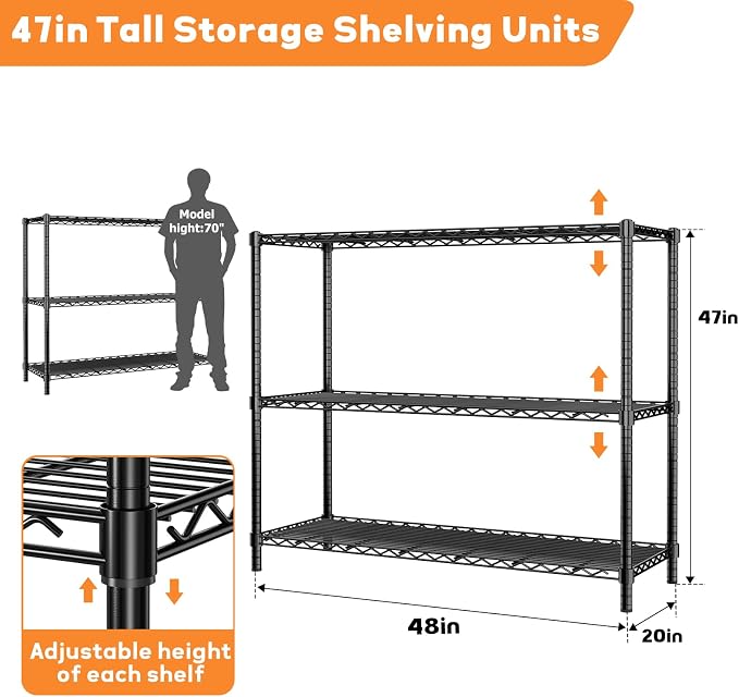 ROOMTEC 3-Tier Wire Shelving Unit,48" W*20" D*47" H,Max Load 1200 lbs | Small Garage Shelves, Heavy Duty Storage Shelf, Adjustable Metal Shelf Rack for Kitchen, Laundry, Pantry, Warehouse, Basement
