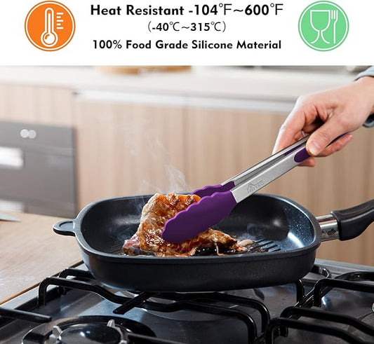HOTEC Premium Stainless Steel Locking Kitchen Tongs with Silicon Tips, Set of 2-9" and 12" (Purple)