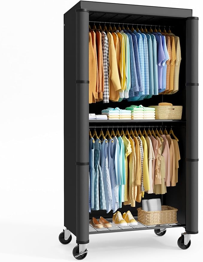 Sakugi Clothes Rack with Cover, Wardrobe Closet with Lockable Wheels, 35.4" x 17.7" x 79.7", Rust-Resistant, Black