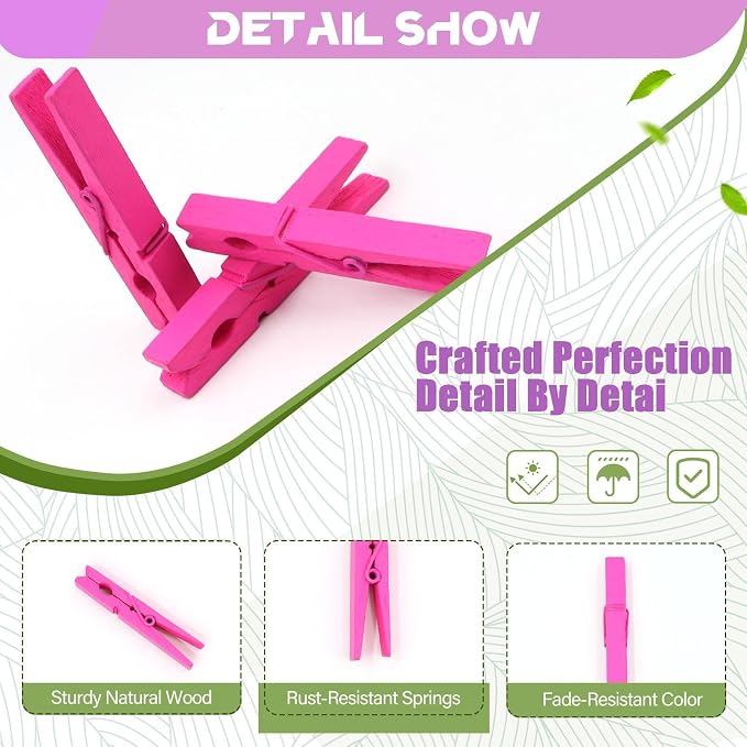 100 Pcs Wooden Clothespins - 2.9 Inch Clothes pins Cheer Clips Heavy Duty | Vibrant for Crafts Classroom Decorations Clothing Pictures Laundry Solid Wood No Splinters Fade‑Proof Magenta Pink